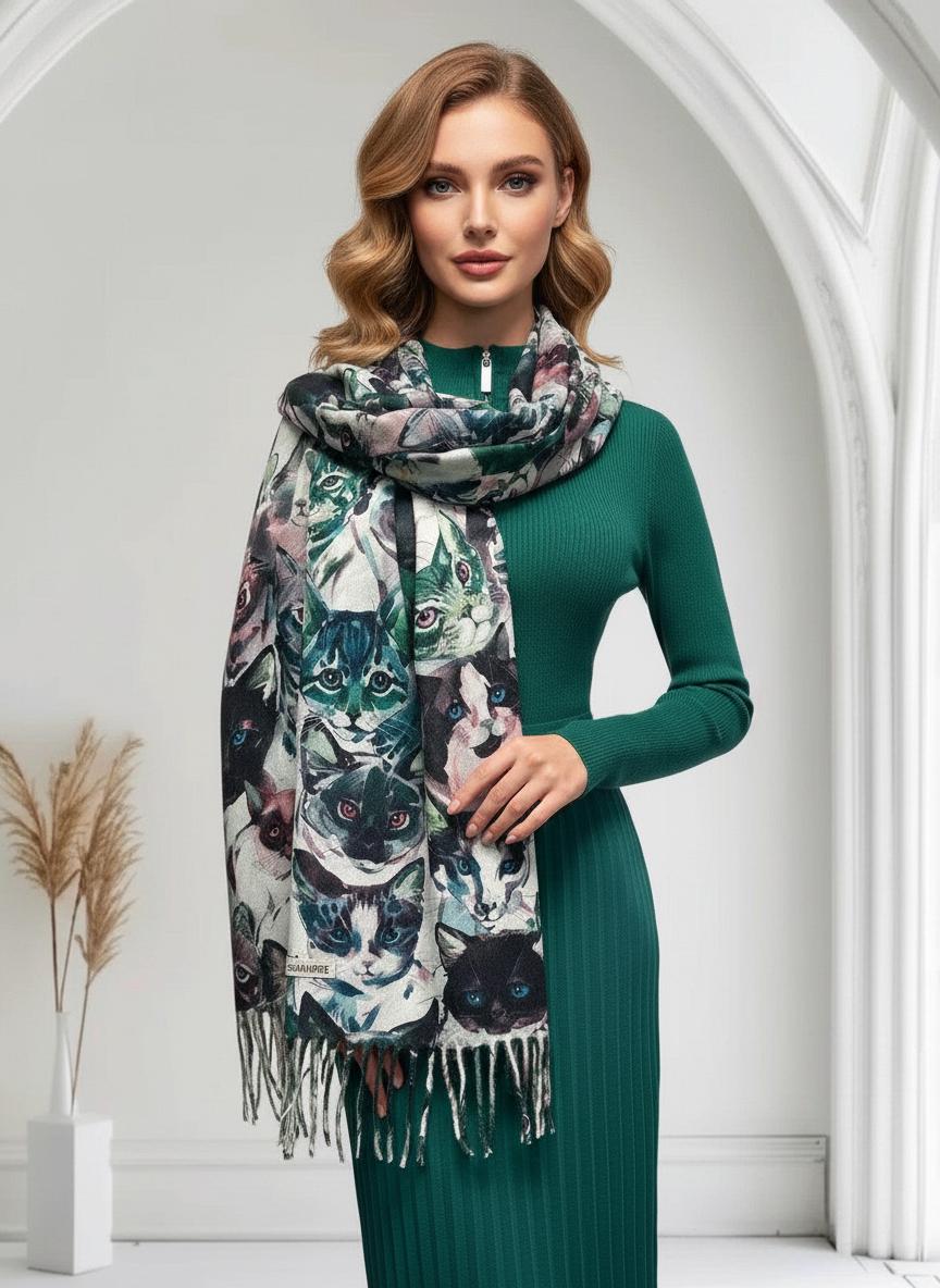 Cat Print Scarf Cashmere Feel Shawl Wrap for Cat Lovers Comes with a gift bag
