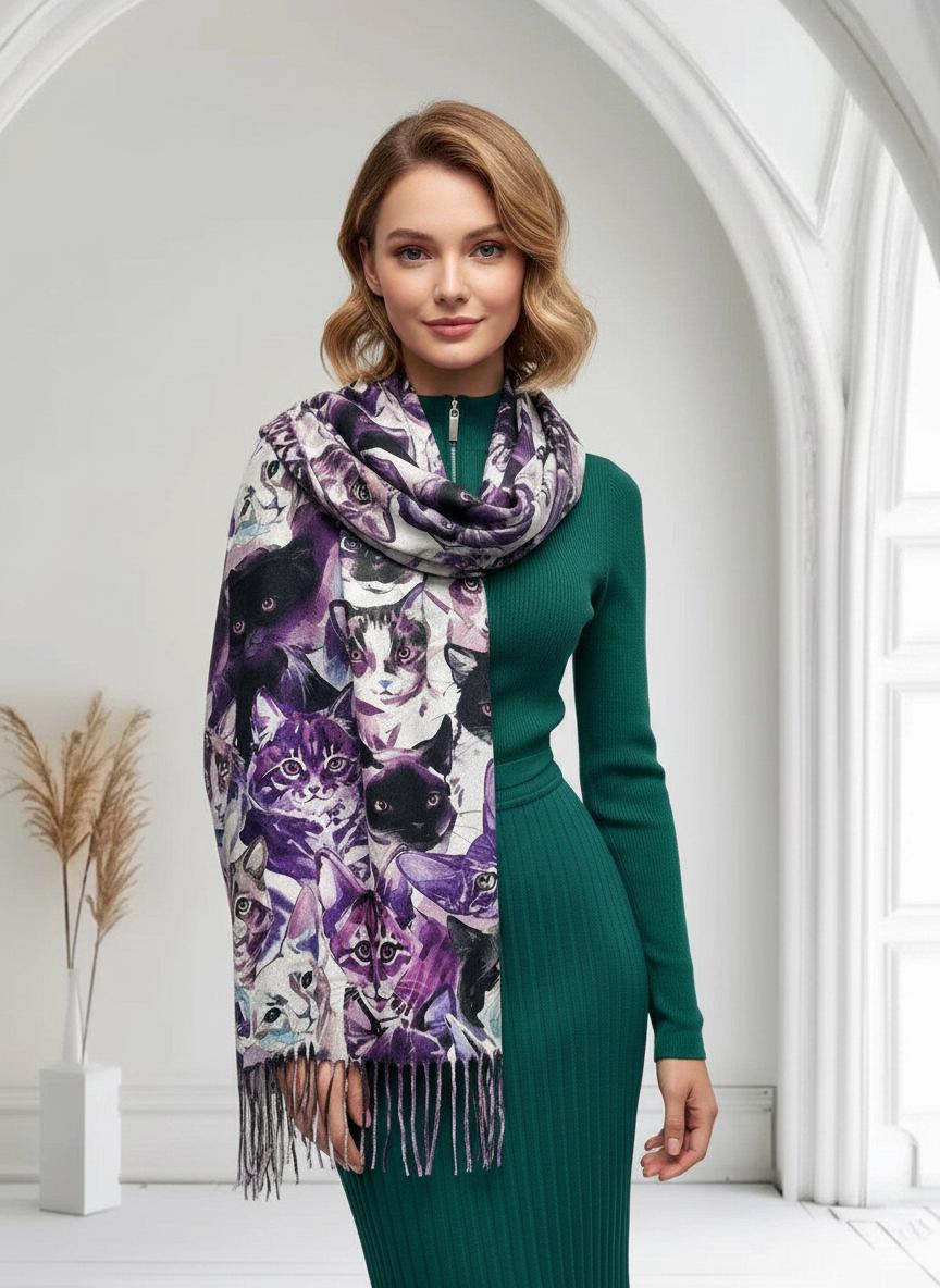 Cat Print Scarf Cashmere Feel Shawl Wrap for Cat Lovers Comes with a gift bag