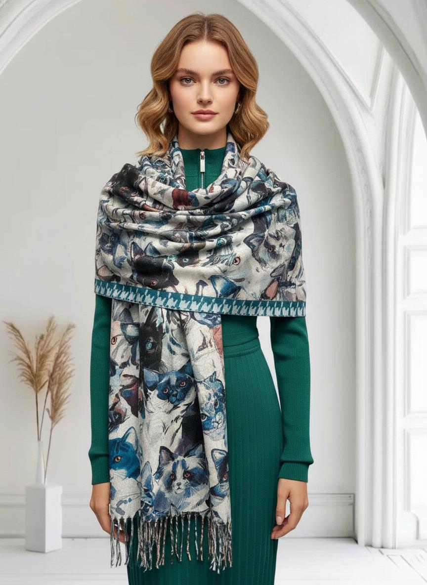 Cat Print Scarf Cashmere Feel Shawl Wrap for Cat Lovers Comes with a gift bag