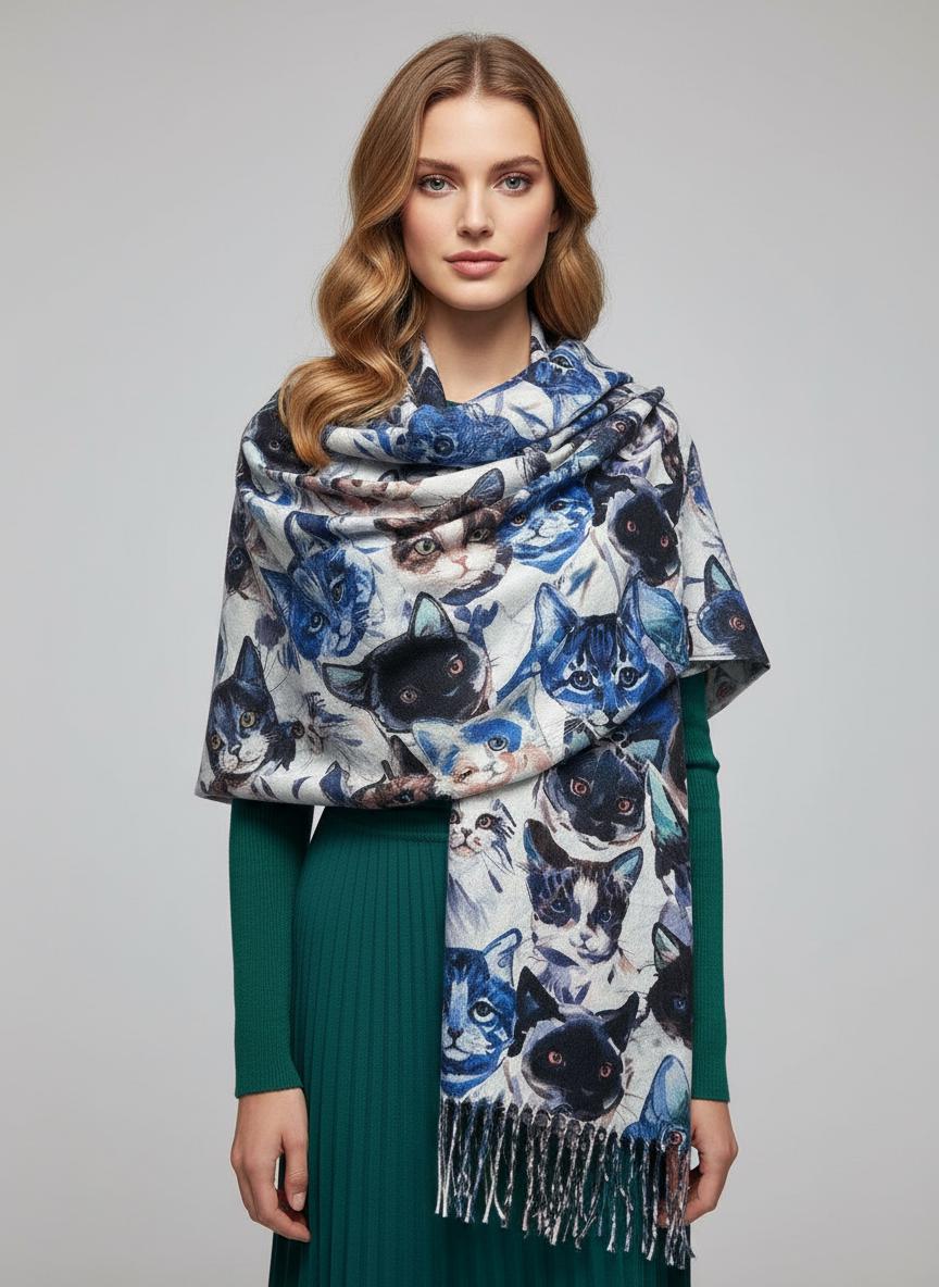 Cat Print Scarf Cashmere Feel Shawl Wrap for Cat Lovers Comes with a gift bag