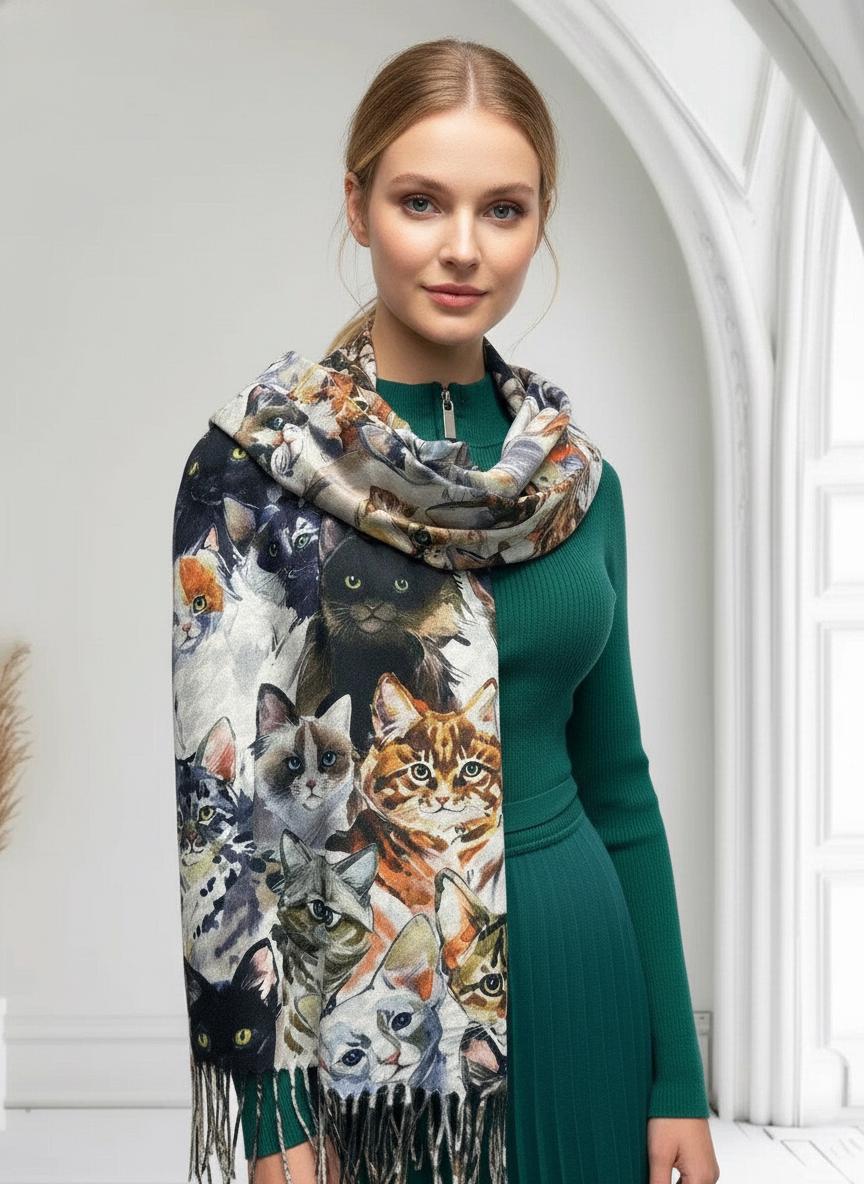Cat Print Scarf Cashmere Feel Shawl Wrap for Cat Lovers Comes with a gift bag