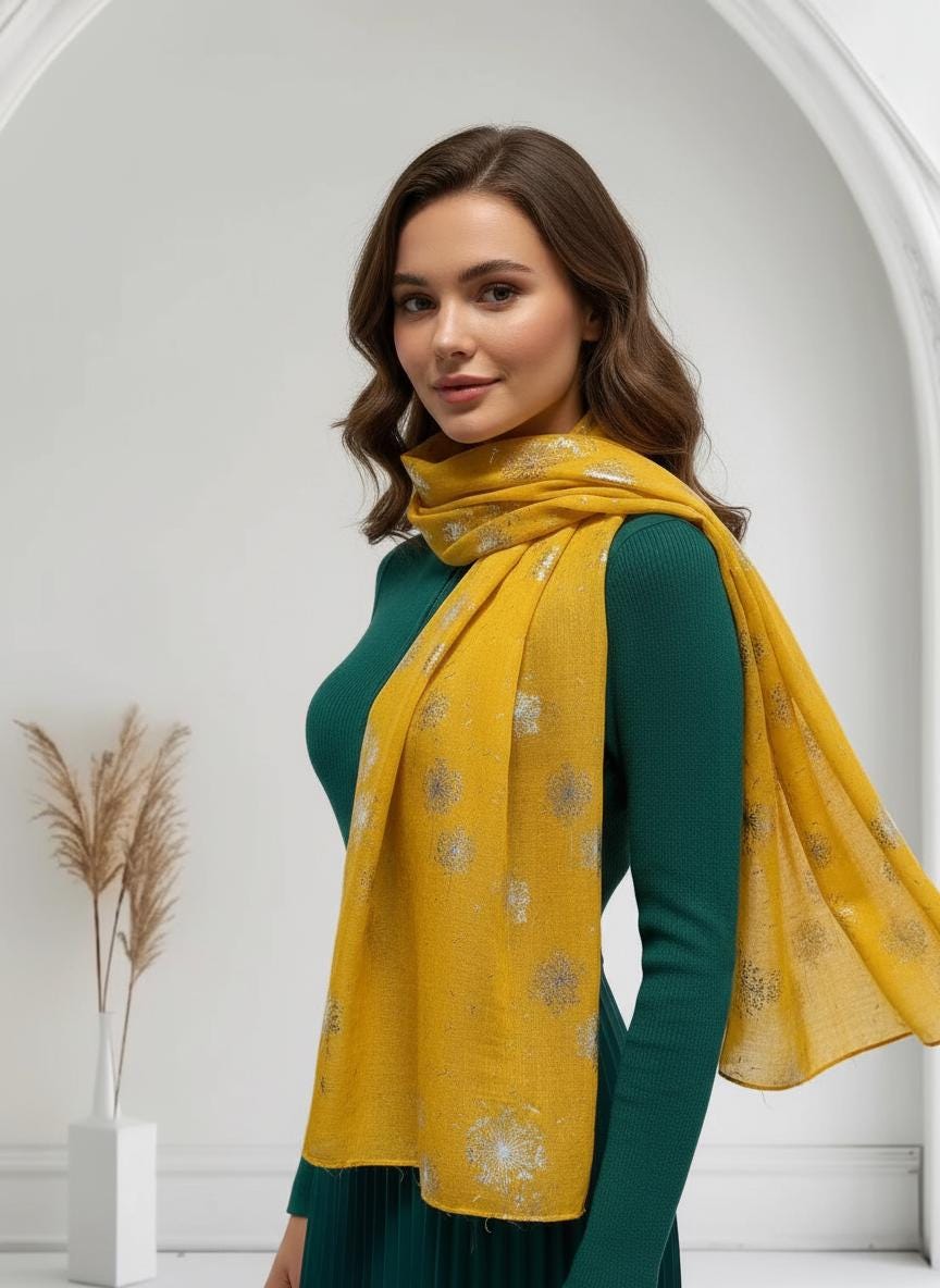 Glitter Shimmer Dandelion Print Scarf For Women Comes with a gift bag