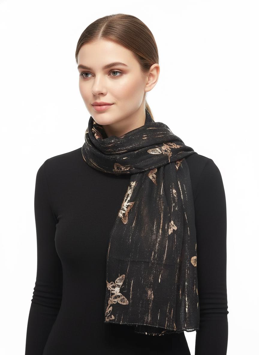 Rosegold Glitter Butterfly Print Ladies Celebrity Style Scarves Scarf Wrap Comes with a gift bag