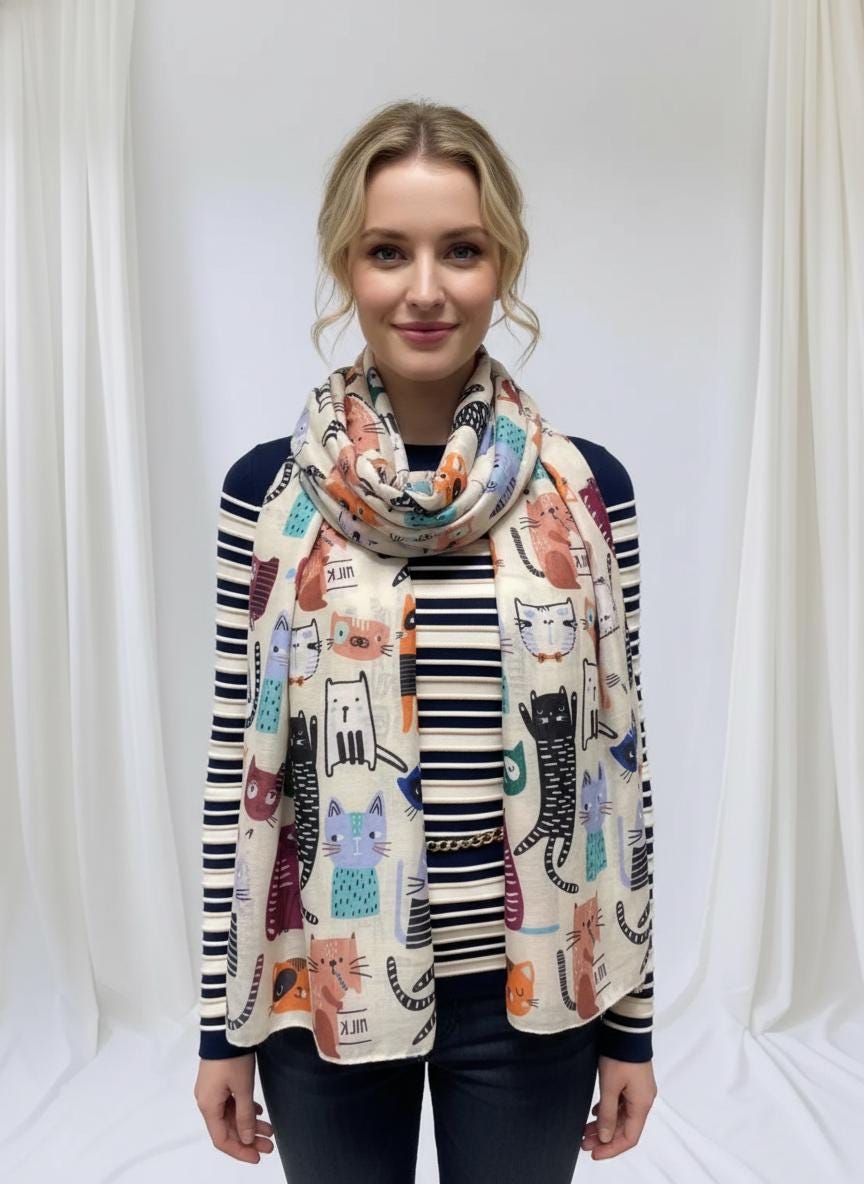 Cute Cat Print Shawl Wrap Scarf All Seasons Scarves For Cat Lovers Comes with a gift bag