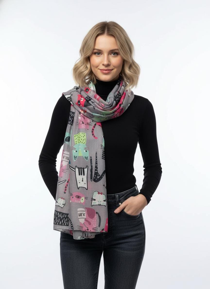 Cute Cat Print Shawl Wrap Scarf All Seasons Scarves For Cat Lovers Comes with a gift bag
