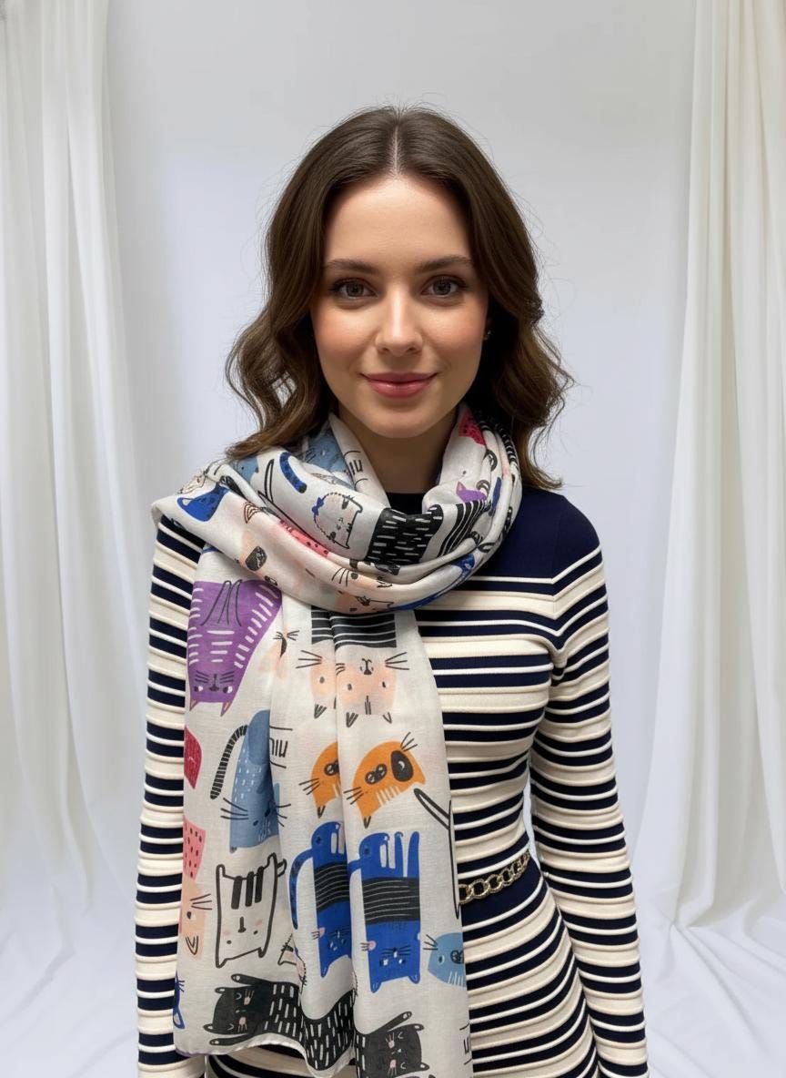 Cute Cat Print Shawl Wrap Scarf All Seasons Scarves For Cat Lovers Comes with a gift bag