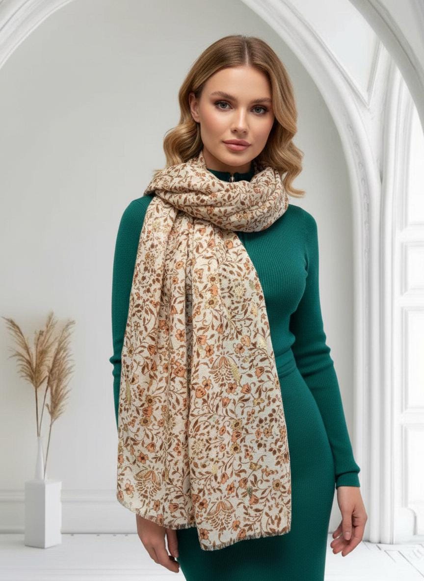 Gold Metallic Bluebell Flower Print Soft Scarf Scarves Wrap Shawl For Women Comes with a gift bag
