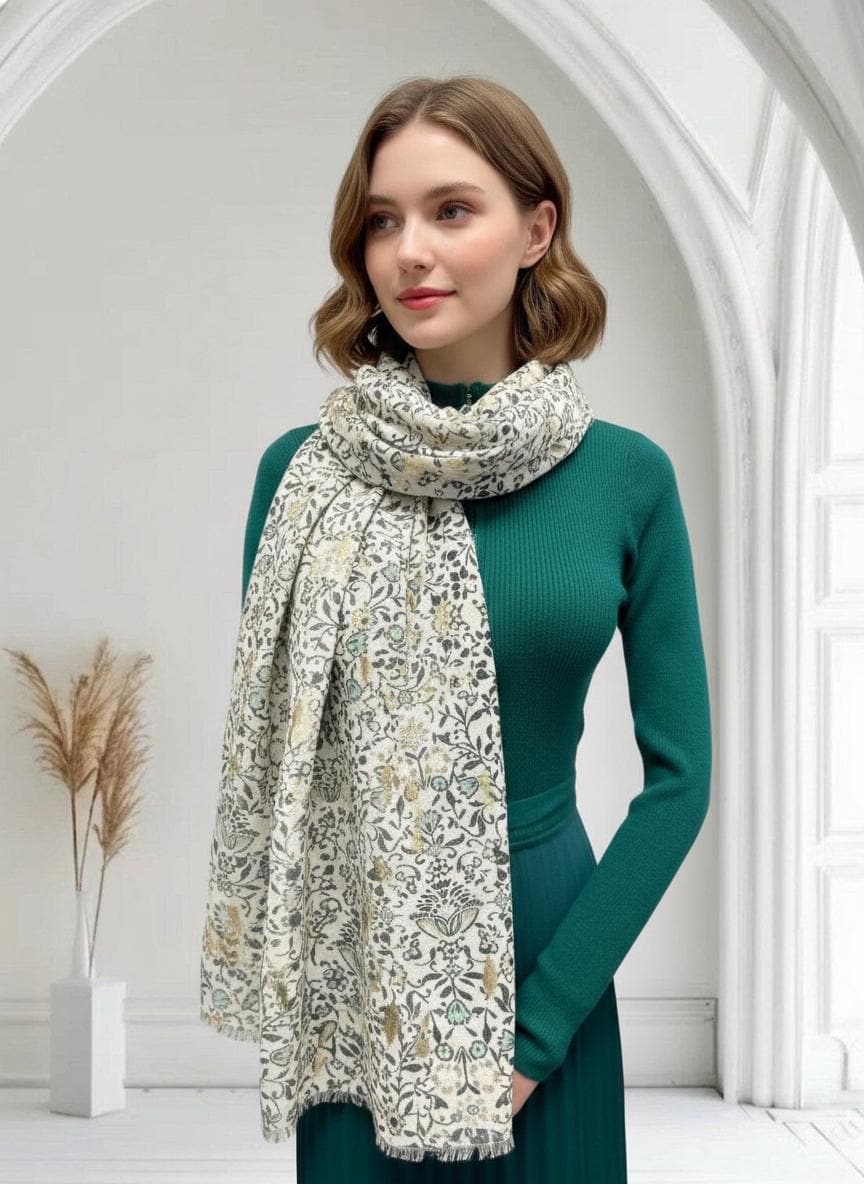 Gold Metallic Bluebell Flower Print Soft Scarf Scarves Wrap Shawl For Women Comes with a gift bag