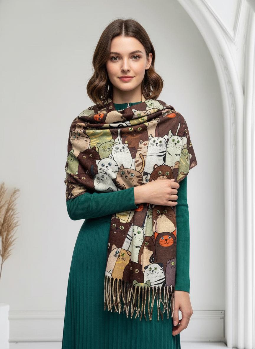 Cat Print Scarf: Cashmere Feel Shawl with Tassels Comes with a gift bag