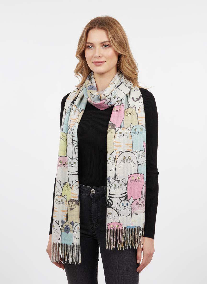 Cat Print Scarf: Cashmere Feel Shawl with Tassels Comes with a gift bag