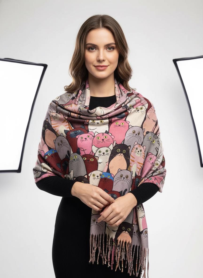 Cat Print Scarf: Cashmere Feel Shawl with Tassels Comes with a gift bag