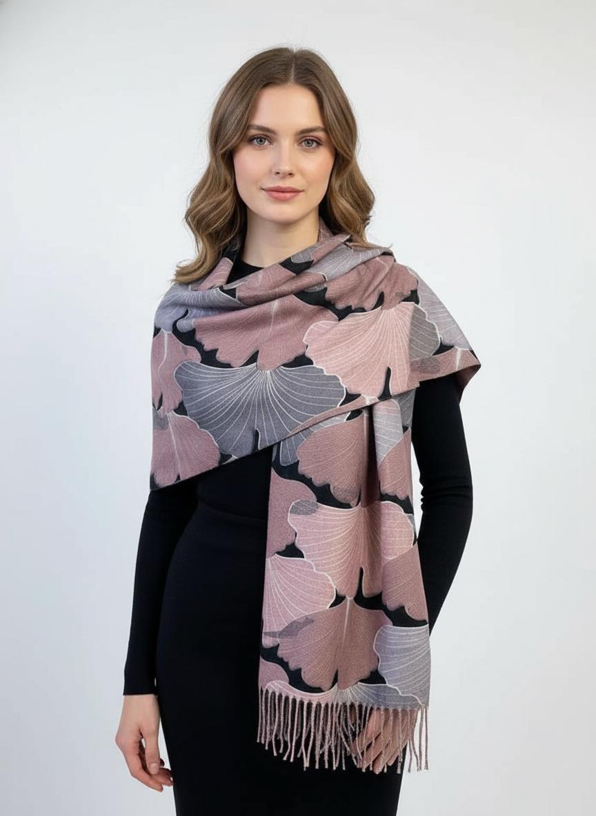 Ginkgo Flower Print Ladies Celebrity Style Scarves Scarf Wrap With Tassel Comes with a gift bag