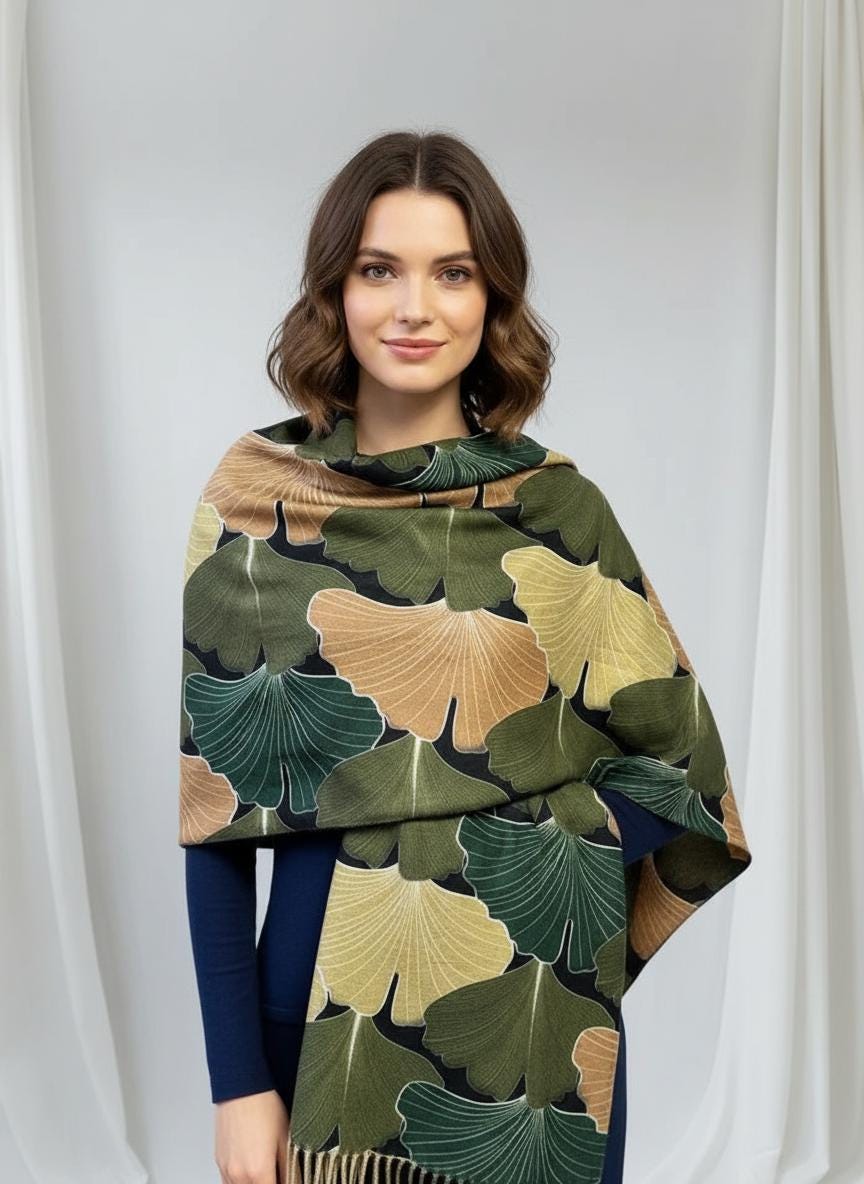 Ginkgo Flower Print Ladies Celebrity Style Scarves Scarf Wrap With Tassel Comes with a gift bag
