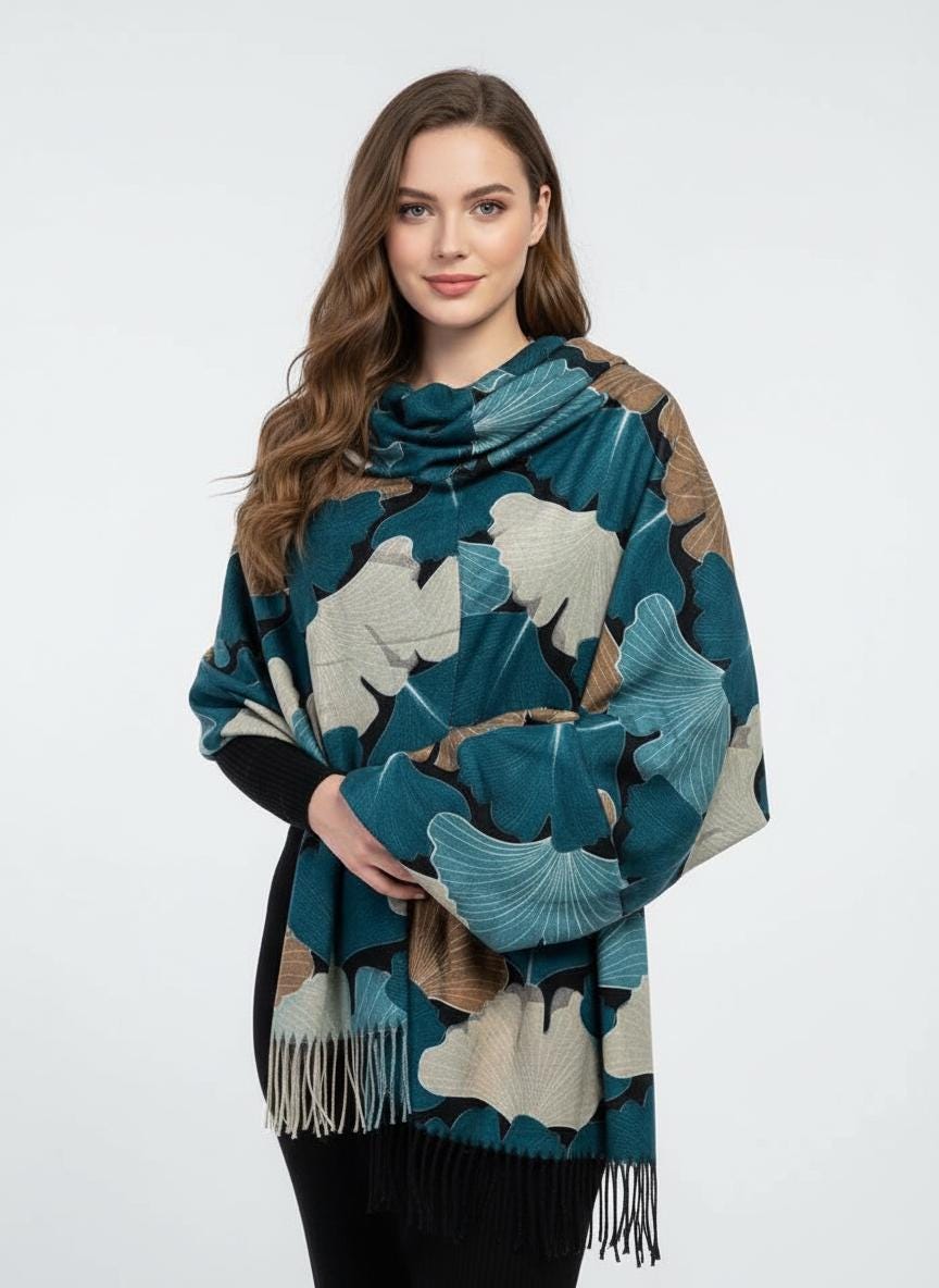 Ginkgo Flower Print Ladies Celebrity Style Scarves Scarf Wrap With Tassel Comes with a gift bag