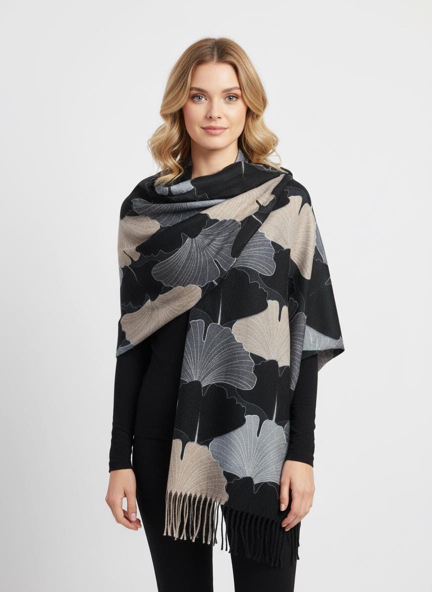 Ginkgo Flower Print Ladies Celebrity Style Scarves Scarf Wrap With Tassel Comes with a gift bag