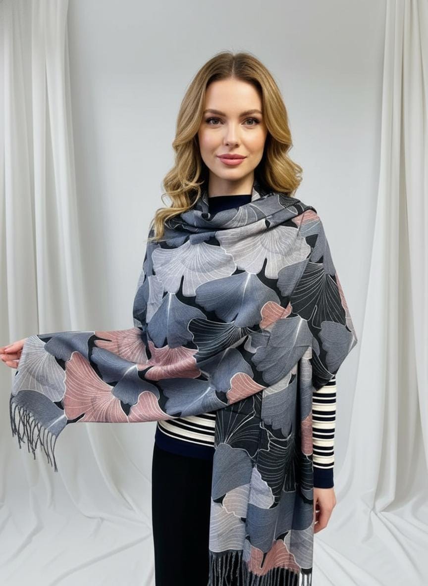 Ginkgo Flower Print Ladies Celebrity Style Scarves Scarf Wrap With Tassel Comes with a gift bag