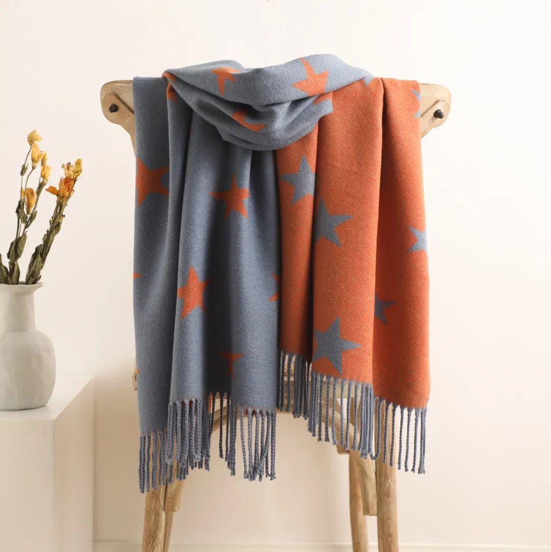 Star Cashmere Blend Scarf Soft Reversible Winter Blanket With A Tree Of Life Magnetic Brooch Comes with a gift bag
