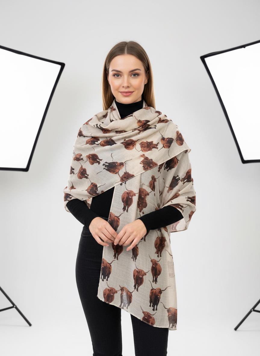 Scottish Highland Cow Printed Scarf with Horns Print Scarves Wrap Comes with a gift bag