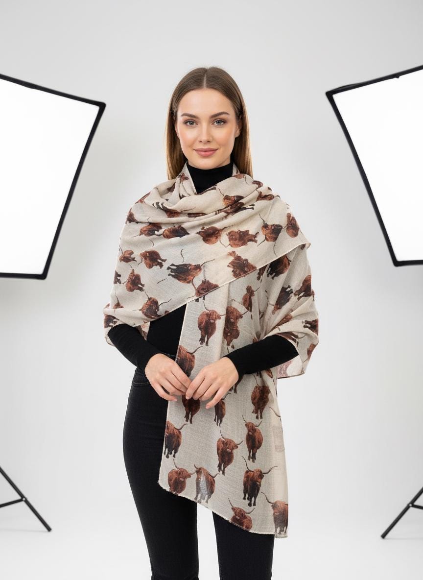 Scottish Highland Cow Printed Scarf with Horns Print Scarves Wrap Comes with a gift bag