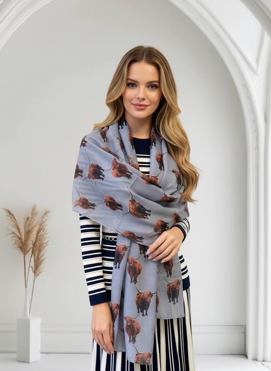 Scottish Highland Cow Printed Scarf with Horns Print Scarves Wrap Comes with a gift bag