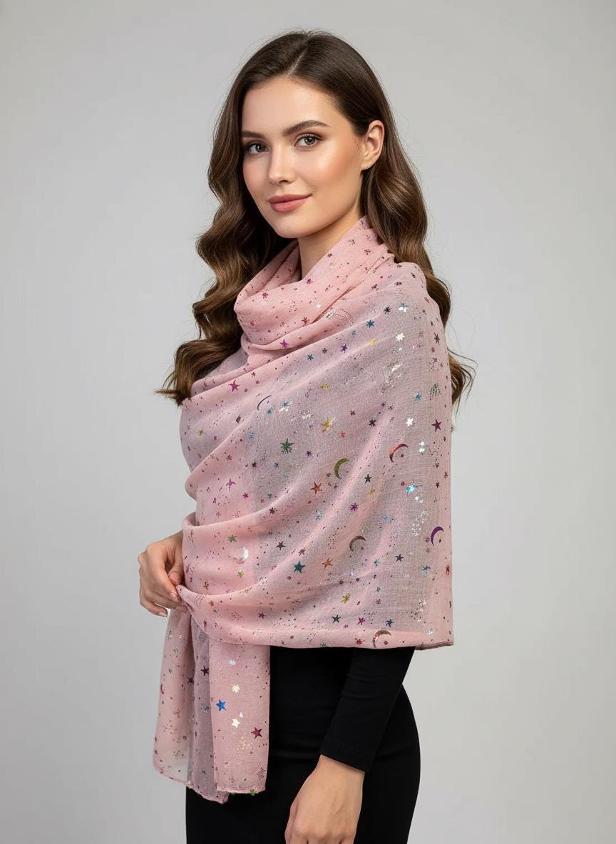 Rainbow Glitter Moon Star Print Ladies Celebrity Style Scarves Scarf Wrap Comes with a gift bag