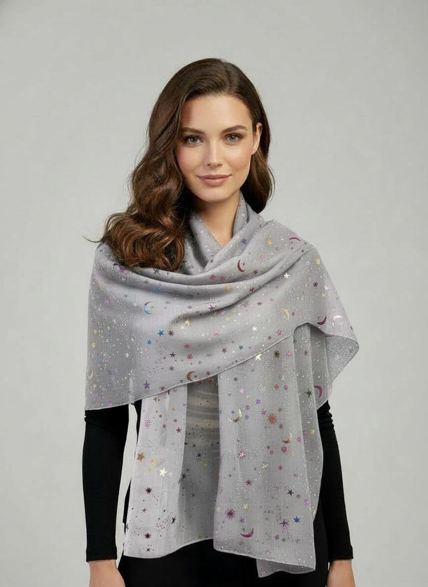 Rainbow Glitter Moon Star Print Ladies Celebrity Style Scarves Scarf Wrap Comes with a gift bag