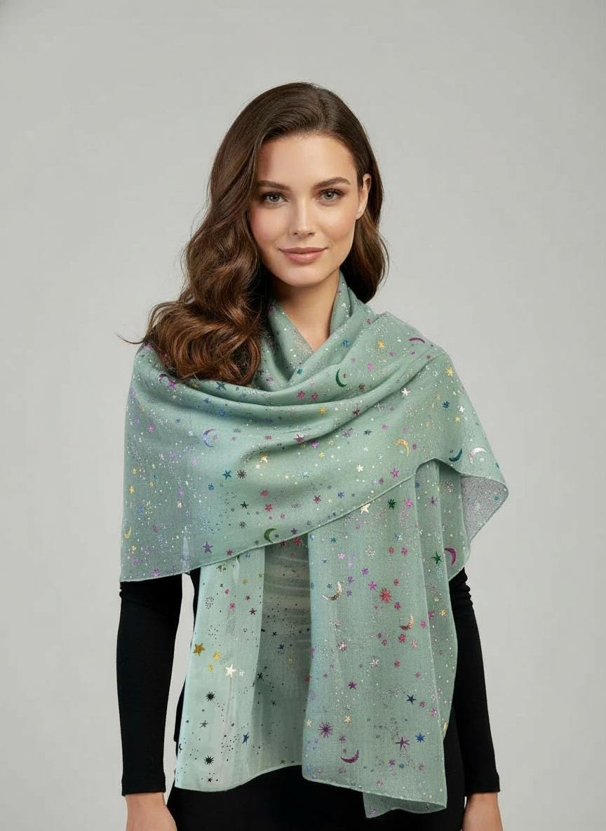 Rainbow Glitter Moon Star Print Ladies Celebrity Style Scarves Scarf Wrap Comes with a gift bag