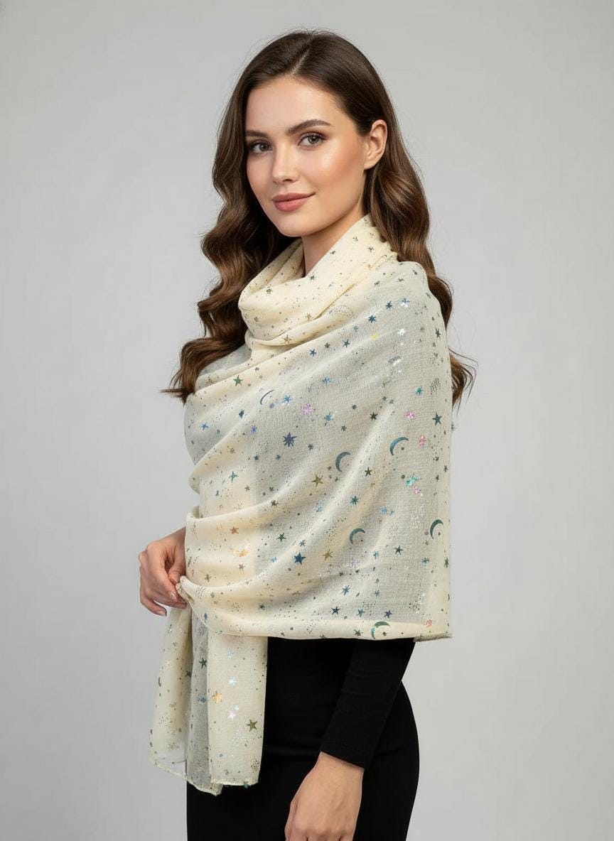 Rainbow Glitter Moon Star Print Ladies Celebrity Style Scarves Scarf Wrap Comes with a gift bag