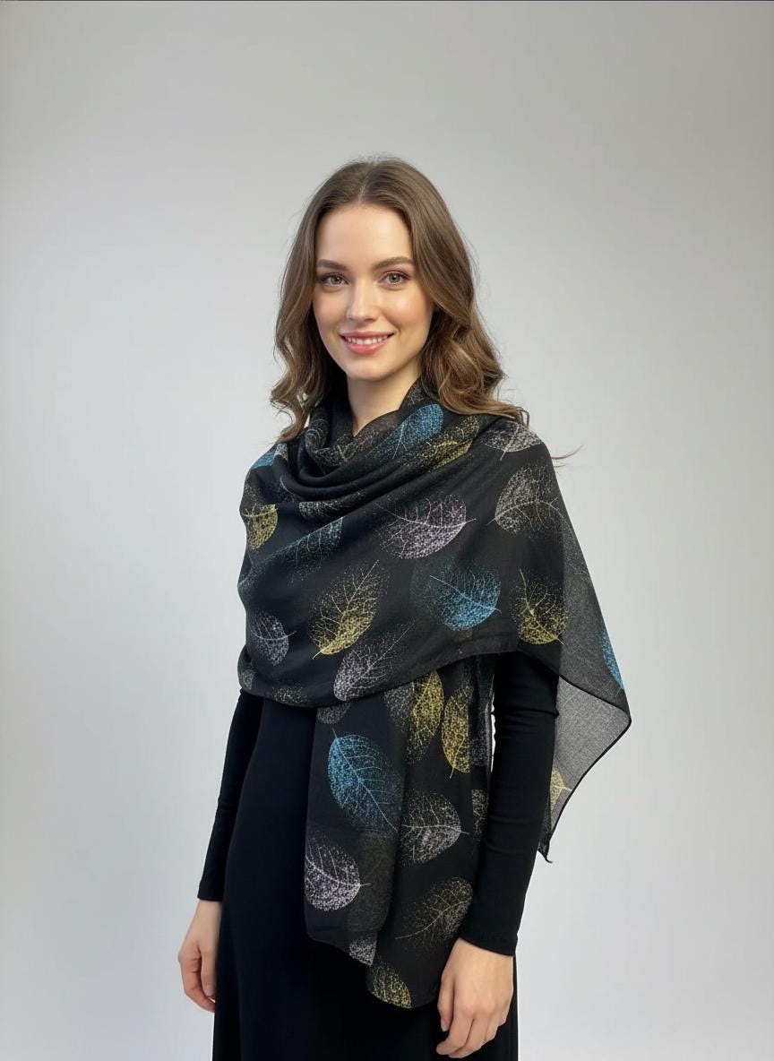 Leaf Print Scarf: Lightweight Viscose Wrap, Fashion Accessory Comes with a gift bag