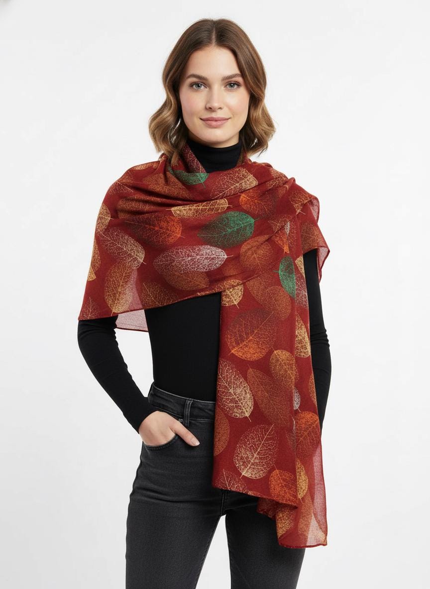 Leaf Print Scarf: Lightweight Viscose Wrap, Fashion Accessory Comes with a gift bag