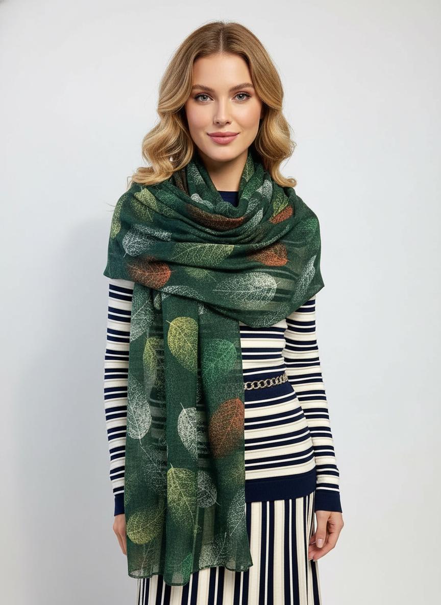 Leaf Print Scarf: Lightweight Viscose Wrap, Fashion Accessory Comes with a gift bag