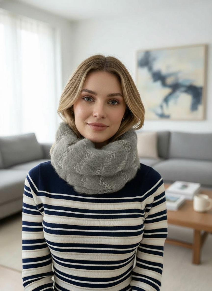 Fuzzy Zigzag Knitted Snood | Silver Metallic Winter Loop Scarf For Winter Comes with a gift bag