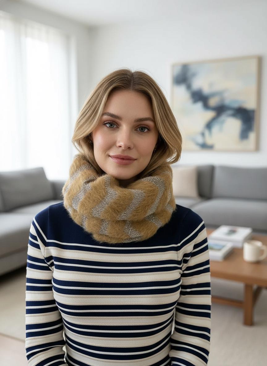 Fuzzy Zigzag Knitted Snood | Silver Metallic Winter Loop Scarf For Winter Comes with a gift bag