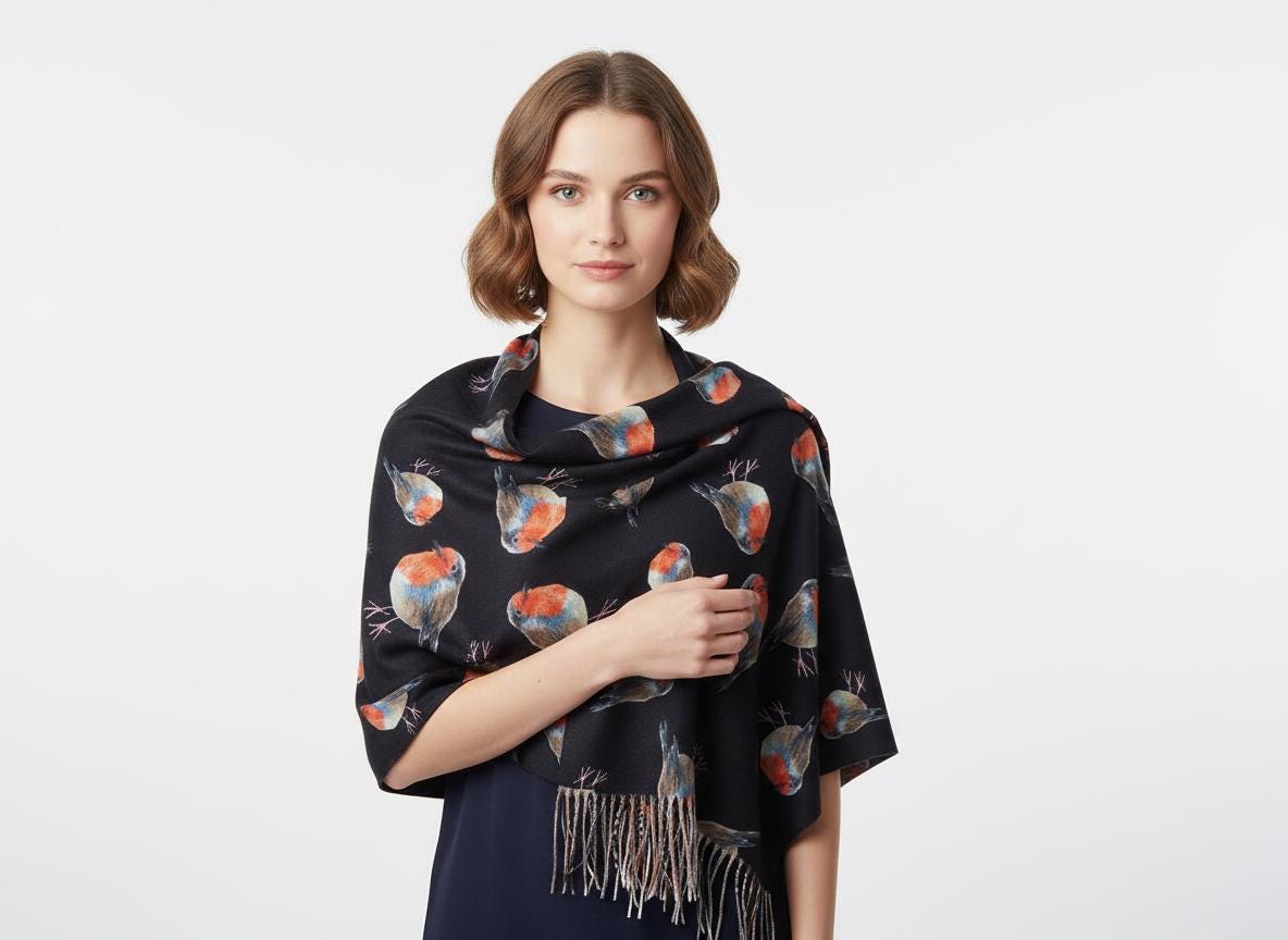 Robin Bird Print Scarf Cashmere Feel Pashmina Shawl Come With A Magnetic Brooch Comes with a gift bag