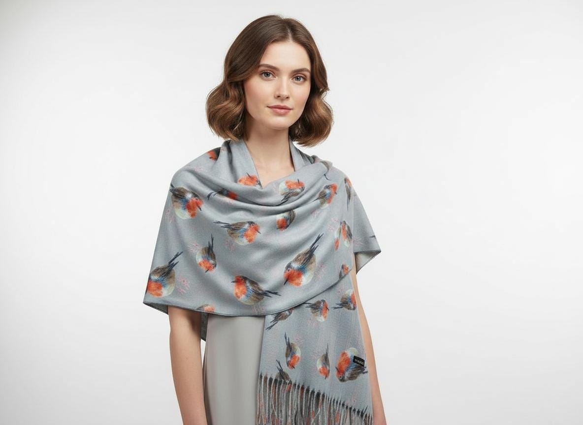 Robin Bird Print Scarf Cashmere Feel Pashmina Shawl Come With A Magnetic Brooch Comes with a gift bag