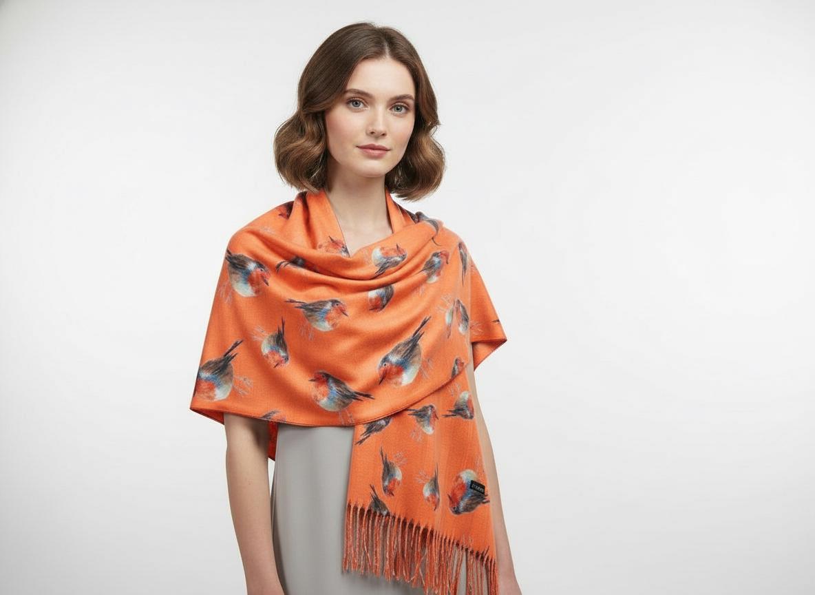 Robin Bird Print Scarf Cashmere Feel Pashmina Shawl Come With A Magnetic Brooch Comes with a gift bag