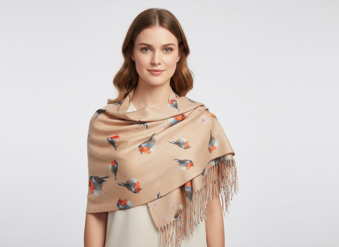 Robin Bird Print Scarf Cashmere Feel Pashmina Shawl Come With A Magnetic Brooch Comes with a gift bag