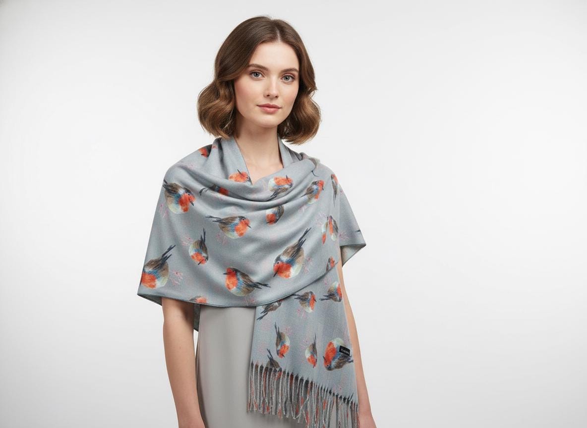 Robin Bird Print Scarf Cashmere Feel Pashmina Shawl Come With A Magnetic Brooch Comes with a gift bag