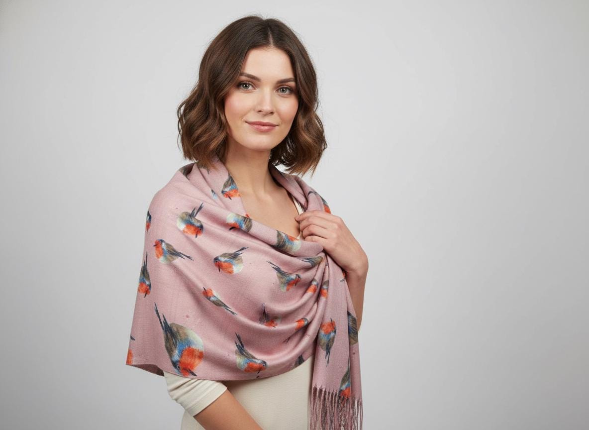 Robin Bird Print Scarf Cashmere Feel Pashmina Shawl Come With A Magnetic Brooch Comes with a gift bag