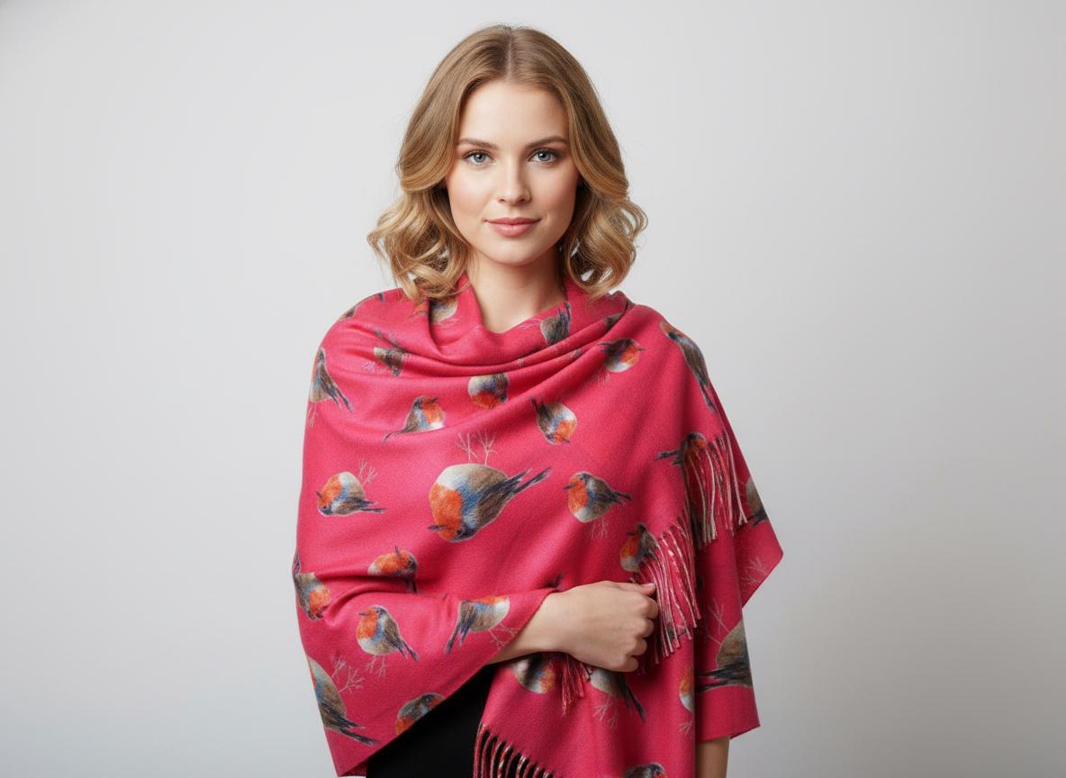 Robin Bird Print Scarf Cashmere Feel Pashmina Shawl Come With A Magnetic Brooch Comes with a gift bag