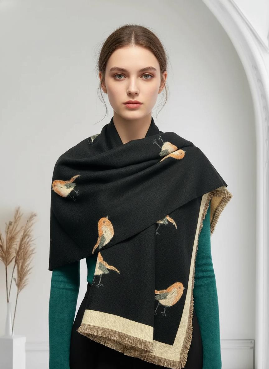 Robin Bird Scarf Warm Polyester Wrap Shawl With A Magnetic Brooch Comes with a gift bag