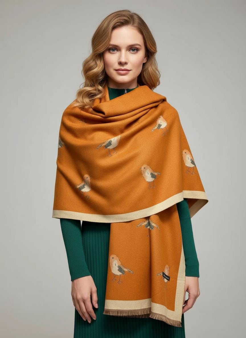 Robin Bird Scarf Warm Polyester Wrap Shawl With A Magnetic Brooch Comes with a gift bag