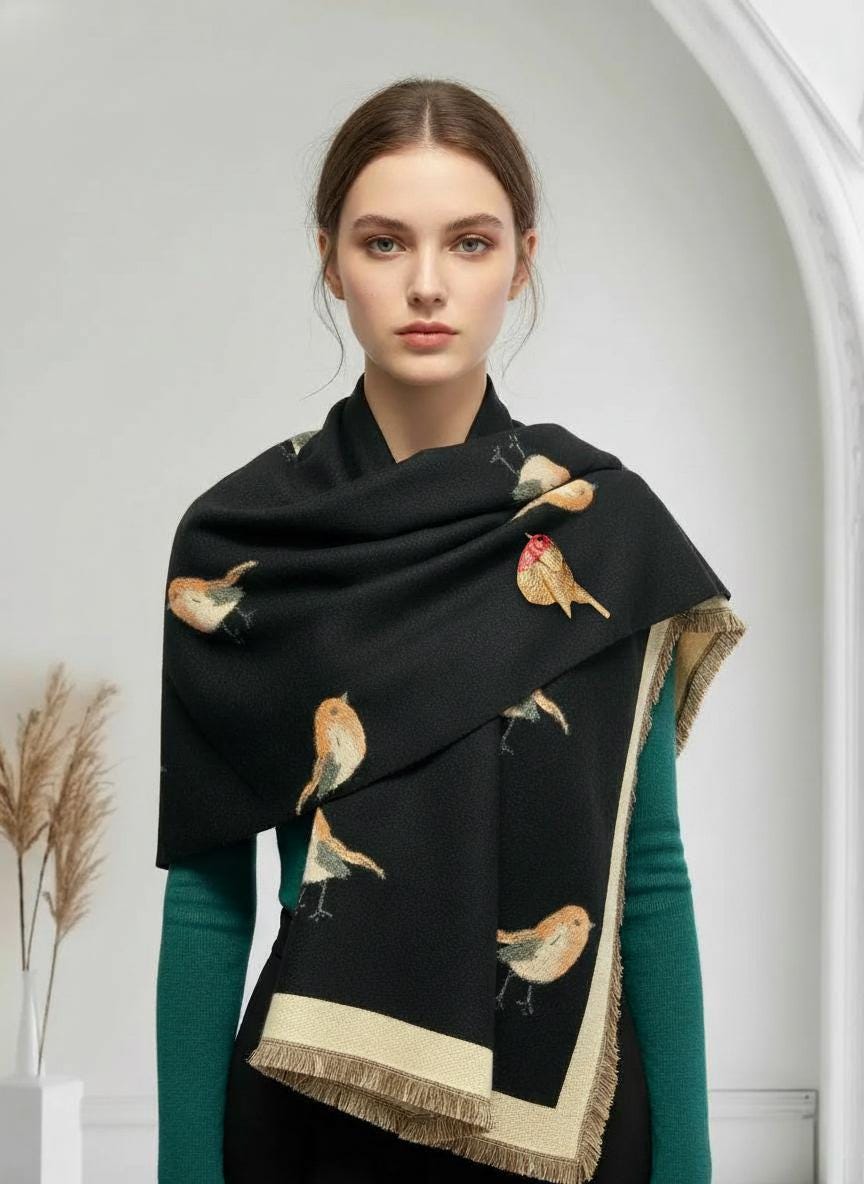 Robin Bird Scarf Warm Polyester Wrap Shawl With A Magnetic Brooch Comes with a gift bag