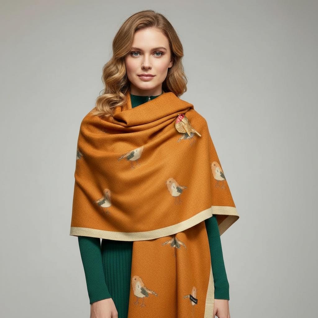 Robin Bird Scarf Warm Polyester Wrap Shawl With A Magnetic Brooch Comes with a gift bag