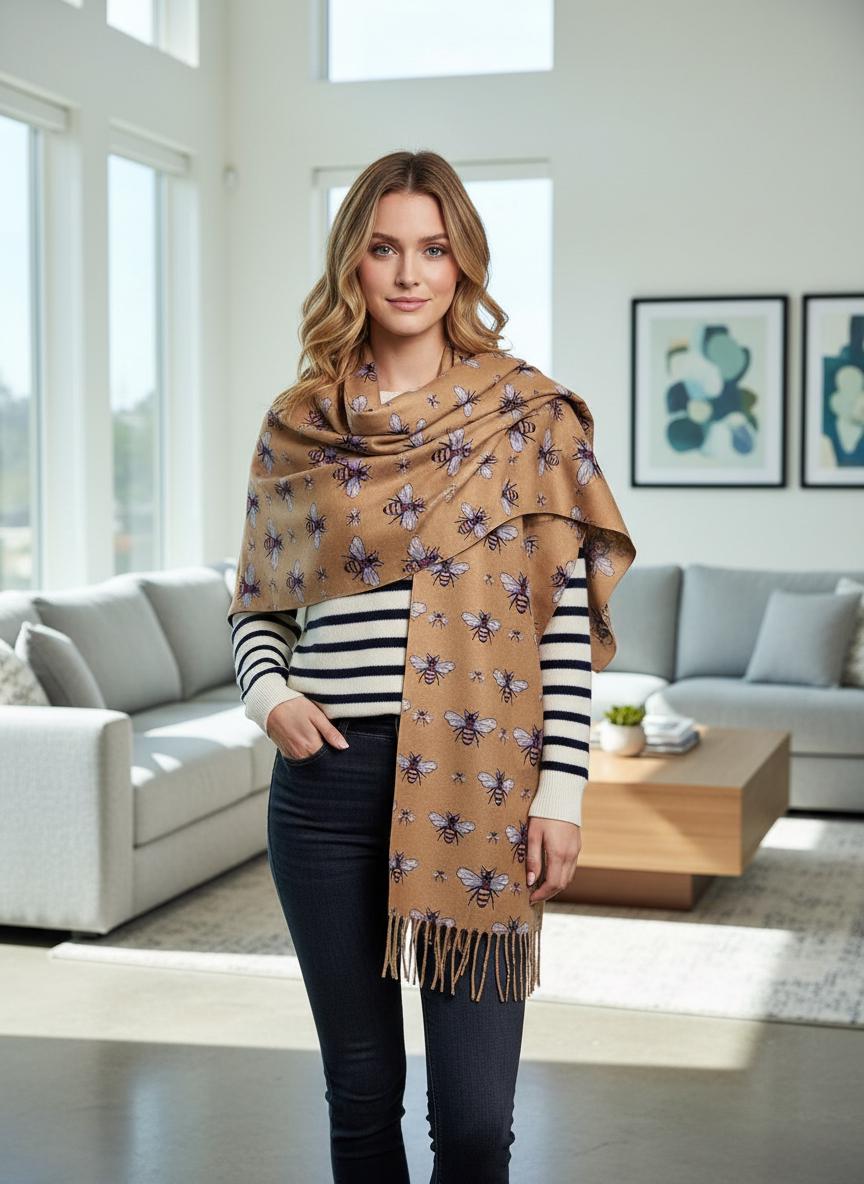 Bee Cashmere Feel Soft Warm Busy Bees Printed Scarves Wrap With Tassels A free Magnetic Brooch Comes with a gift bag