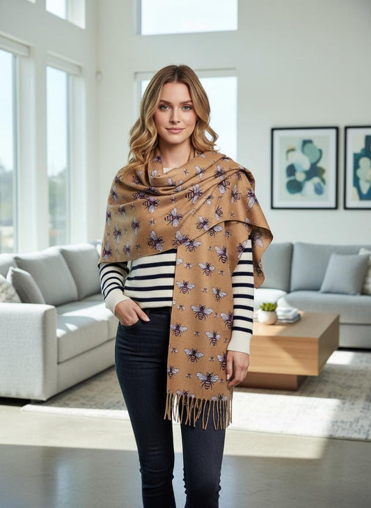 Bee Cashmere Feel Soft Warm Busy Bees Printed Scarves Wrap With Tassels A free Magnetic Brooch Comes with a gift bag