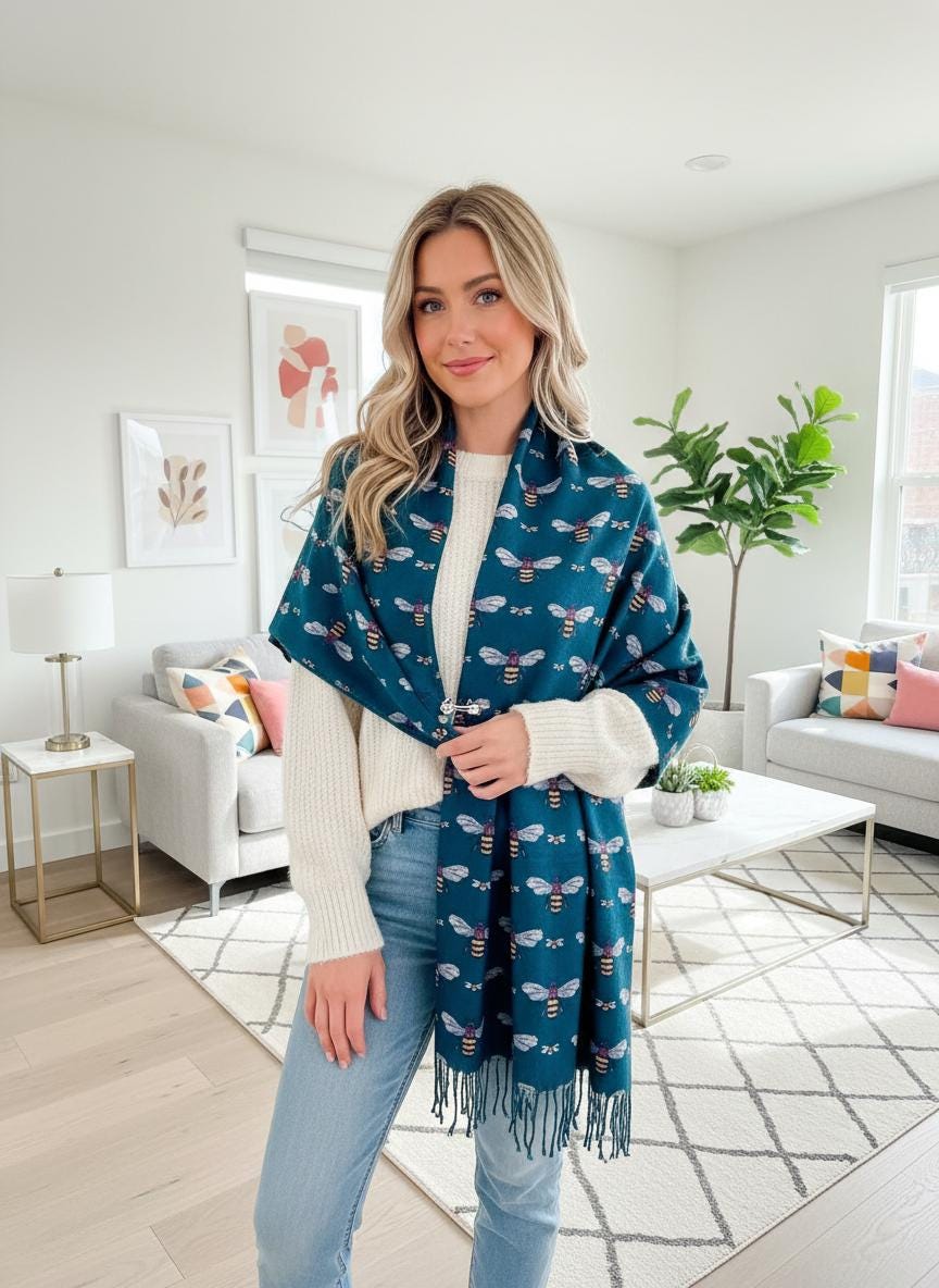 Bee Cashmere Feel Soft Warm Busy Bees Printed Scarves Wrap With Tassels A free Magnetic Brooch Comes with a gift bag