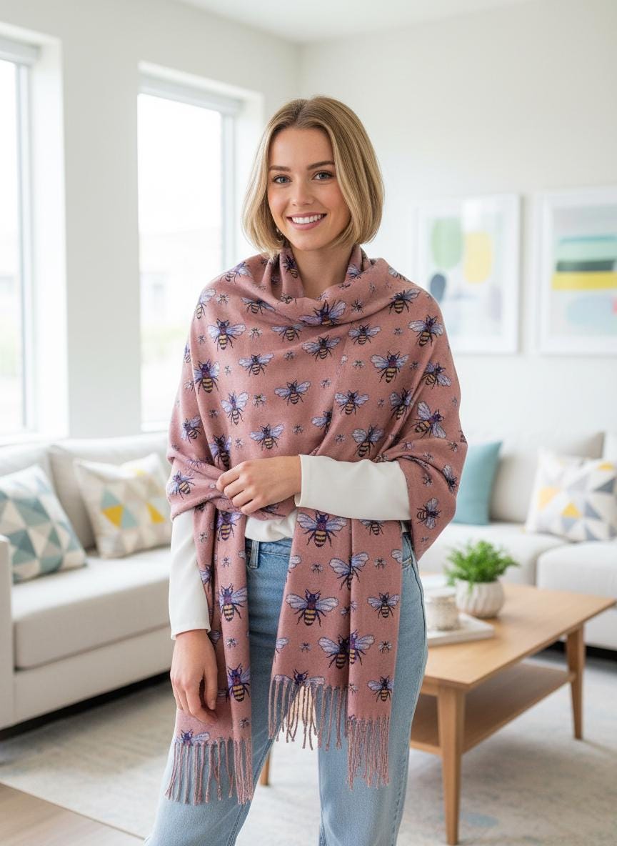 Bee Cashmere Feel Soft Warm Busy Bees Printed Scarves Wrap With Tassels A free Magnetic Brooch Comes with a gift bag