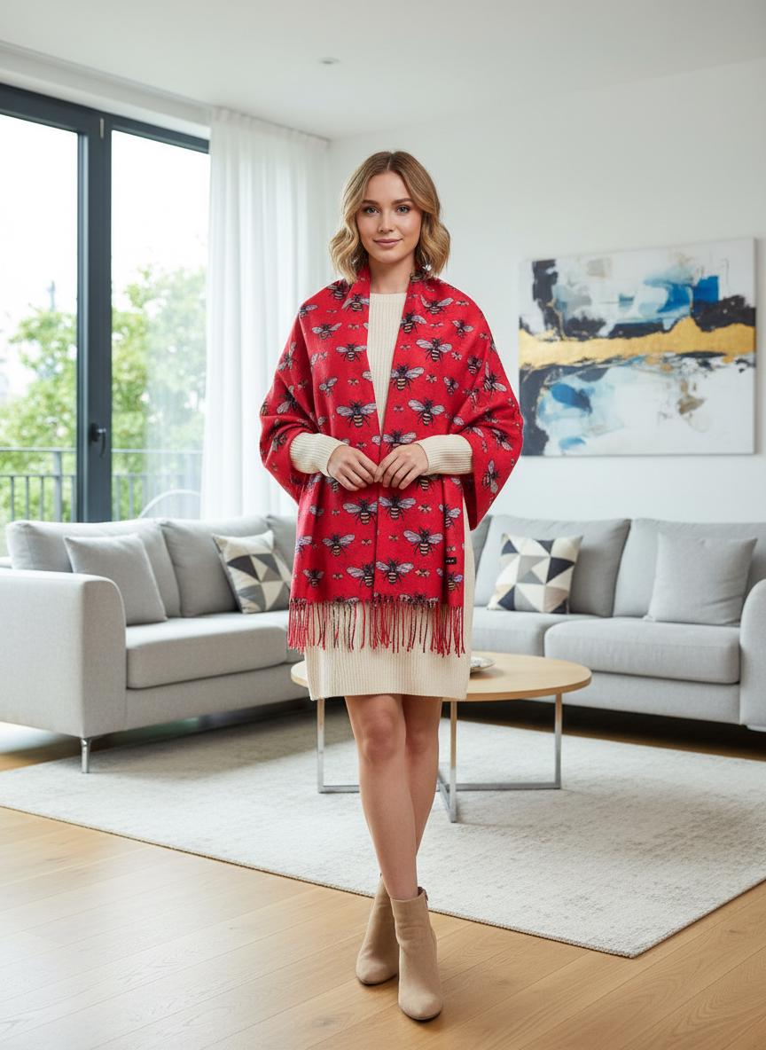 Bee Cashmere Feel Soft Warm Busy Bees Printed Scarves Wrap With Tassels A free Magnetic Brooch Comes with a gift bag