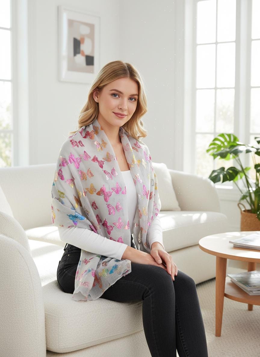 Rainbow Butterfly Print Ladies Celebrity Style Scarves Scarf Wrap Comes with a gift bag